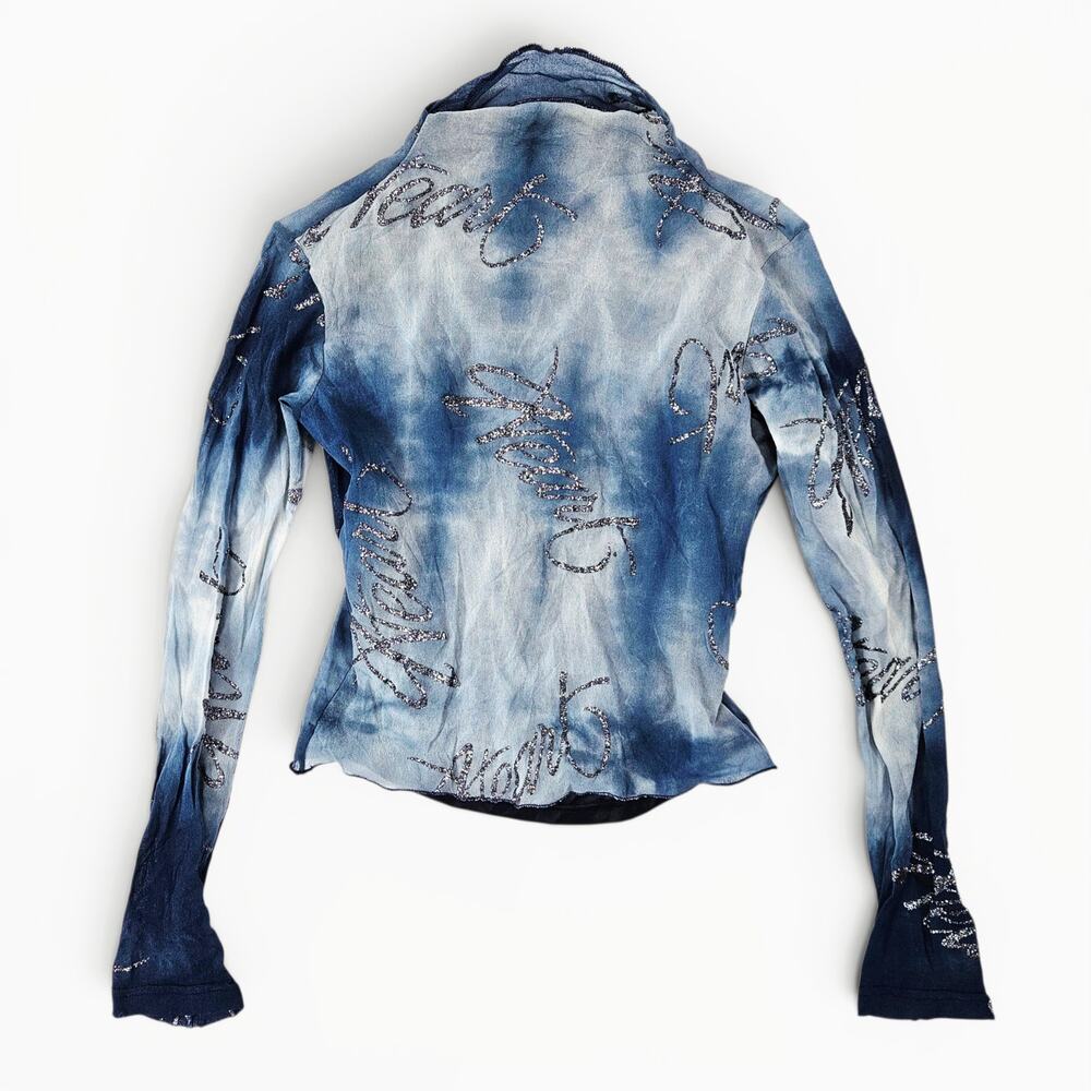 Euro Y2k Micro Mesh Top Long-Sleeved Blue Sparkle - Size Small